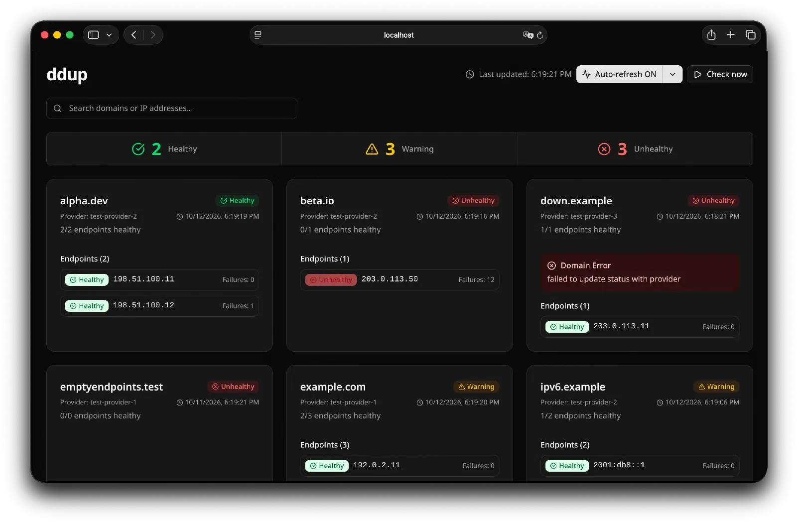 The ddup dashboard, showing the health of each domain and its endpoints
